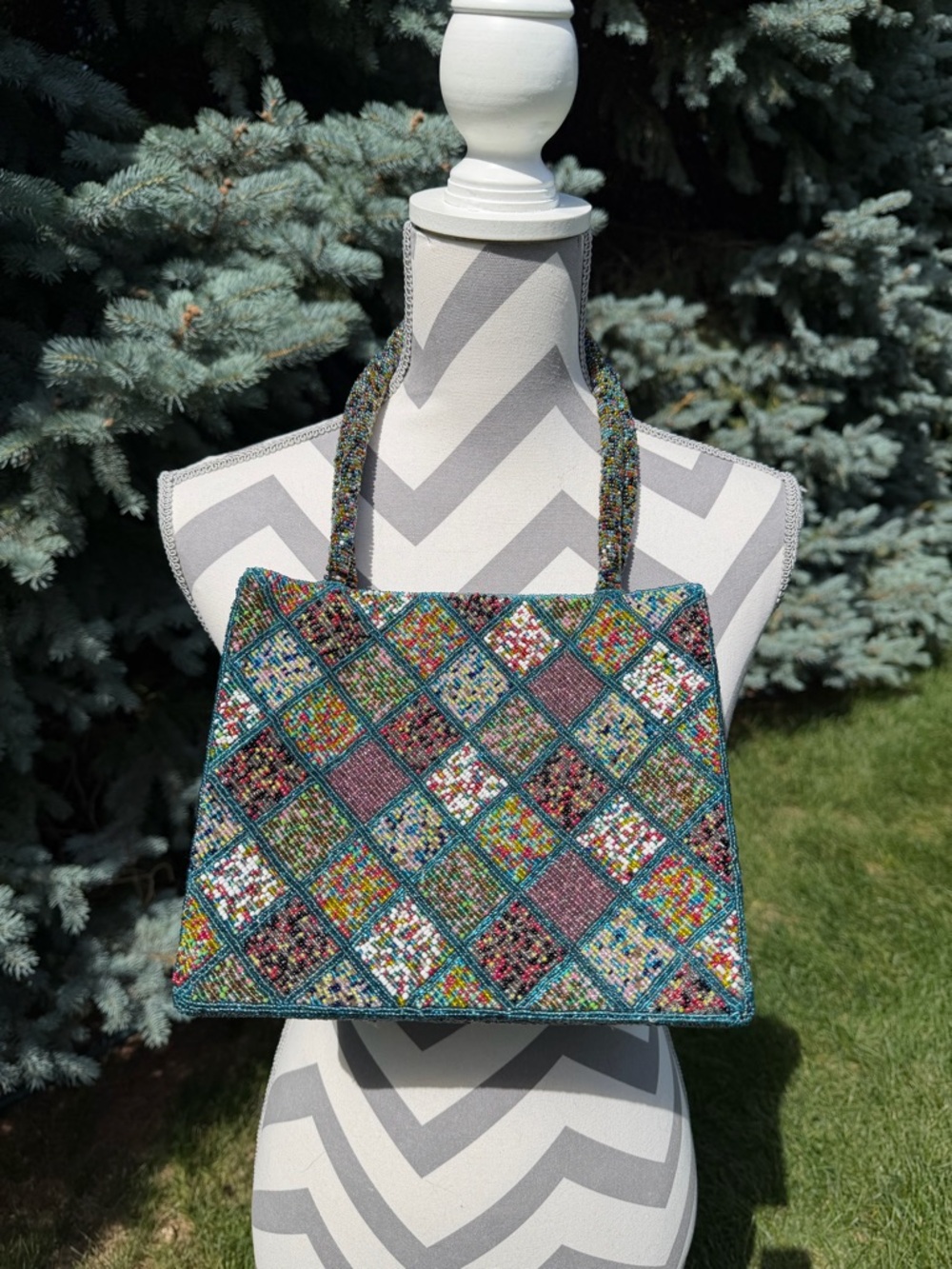 Checkered harlequin pattern beaded purse